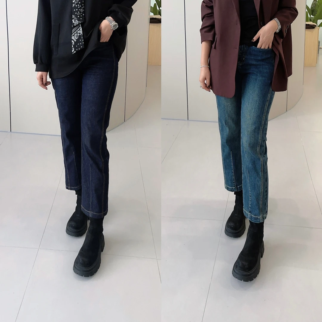 微胖女装【成名裤】九分烟管裤牛仔裤早秋新款阴影分割裤90072
