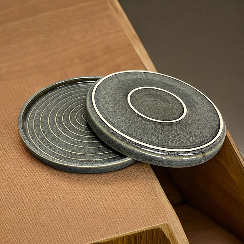 【2个装】新款折边盘盘子家用陶瓷圆形复古壶承辣3158螺纹绿灰色