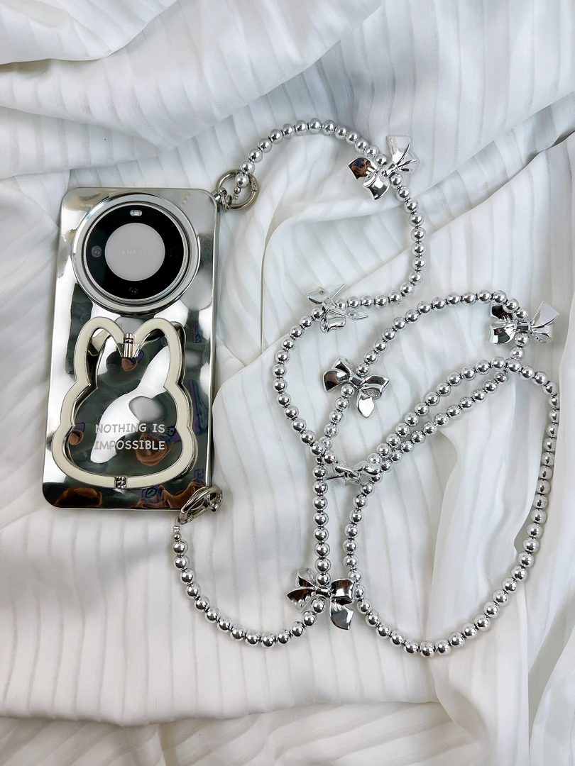 品申原创亮面银金属兔子支架串珠斜挎链适用华为mate60pro手机壳