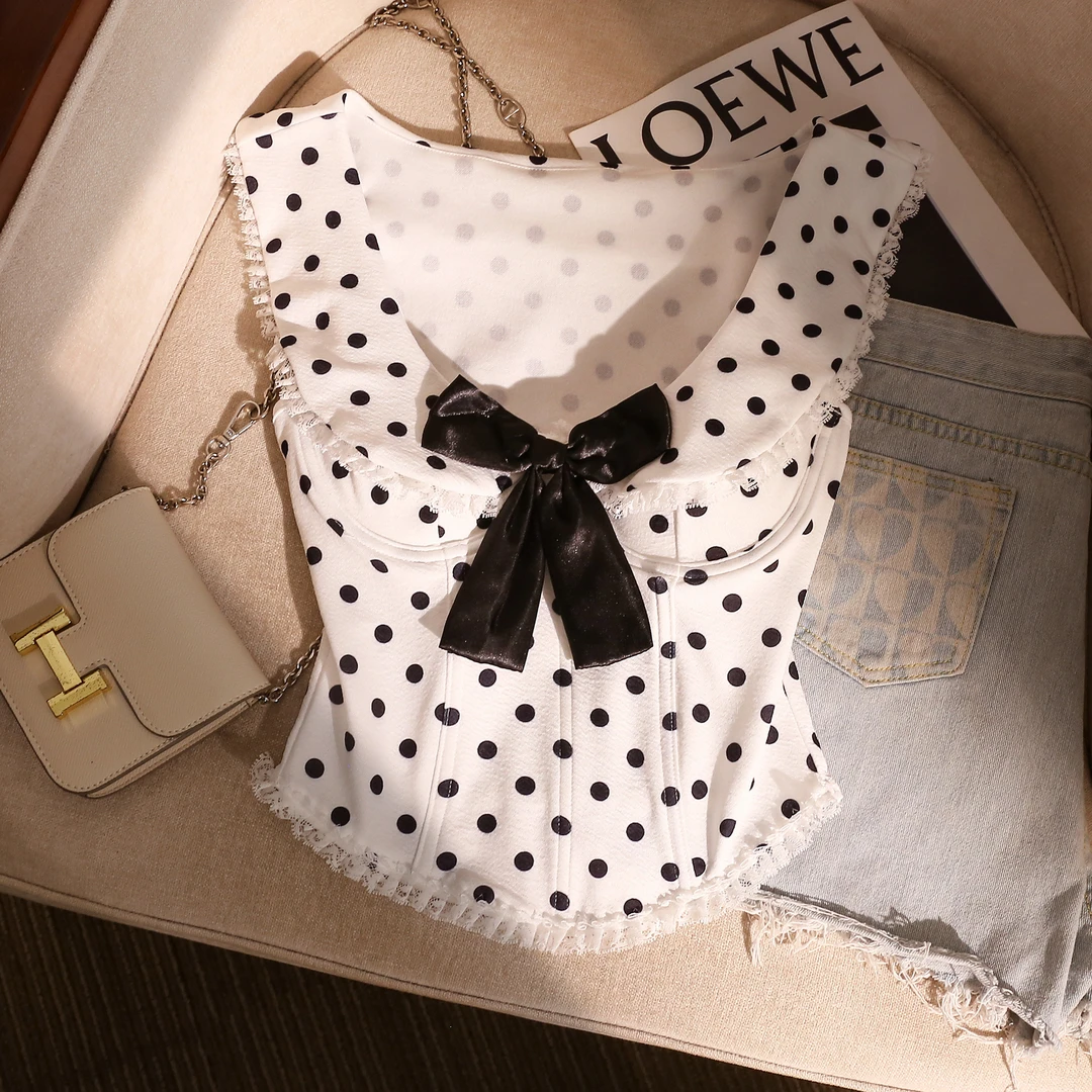 蝴蝶结法式波点无袖吊带背心女内搭2025夏设计感收腰打底上衣外穿