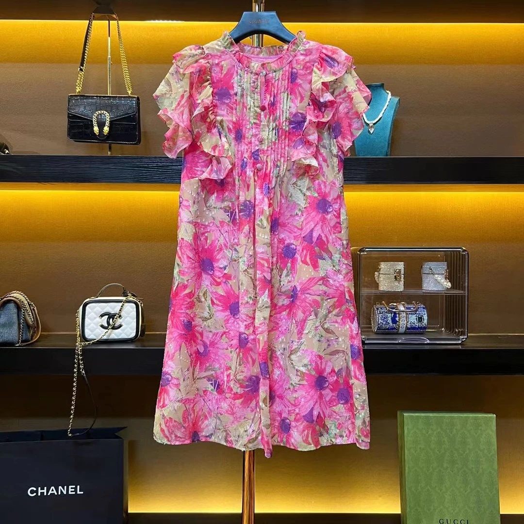 【莎莎】新款气质显瘦时尚碎花洋气减龄圆龄宽松连衣裙紫色6010