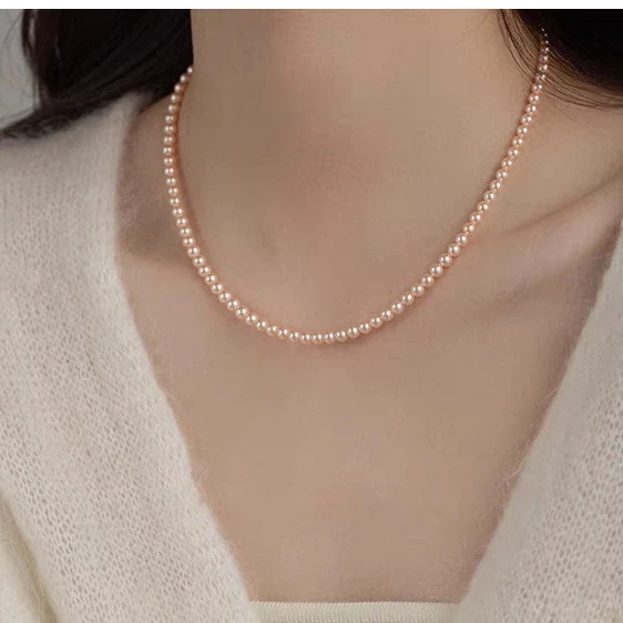 s925银卡扣4-5圆珠淡水无核中国红珍珠项链粉色珍珠全珠链42厘米