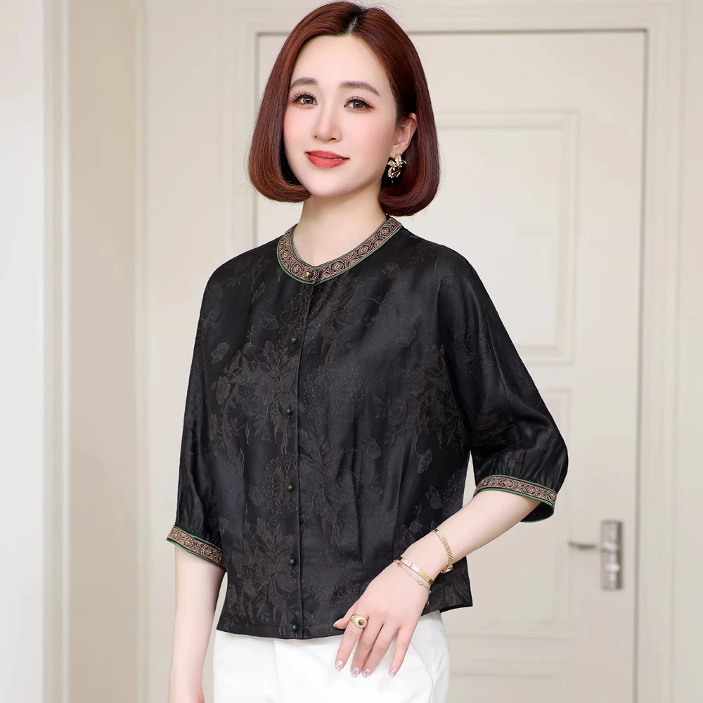 香云纱真丝衬衣女款2025夏季新款高级感妈妈提花桑蚕丝衬衫女上衣