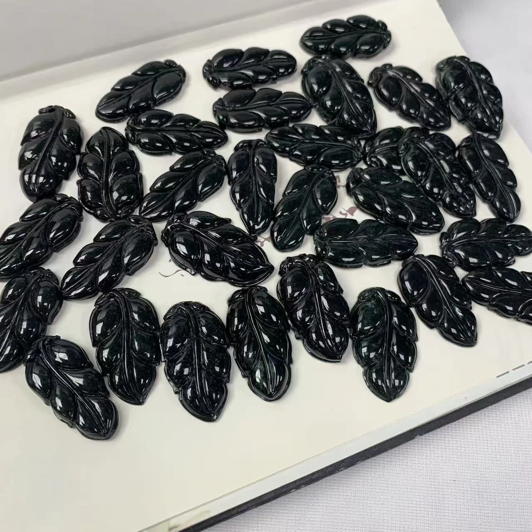 缅甸天然A货翡翠时尚百塔墨翠金枝玉叶翡翠树叶玉坠-多样性发其一