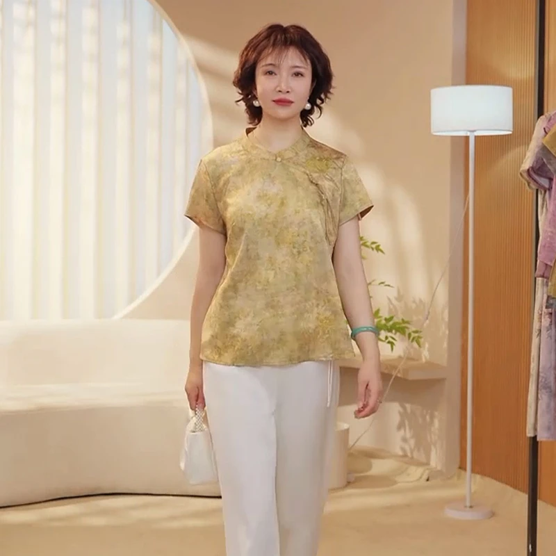 妈妈装夏装新中式国风盘扣短袖衬衫中老年夏季气质薄款T恤套装045