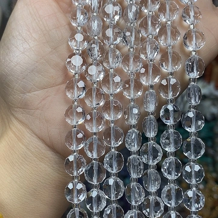 玛瑙/玉髓未镶嵌珠宝半成品天然白水晶高透切面卡8mm一条