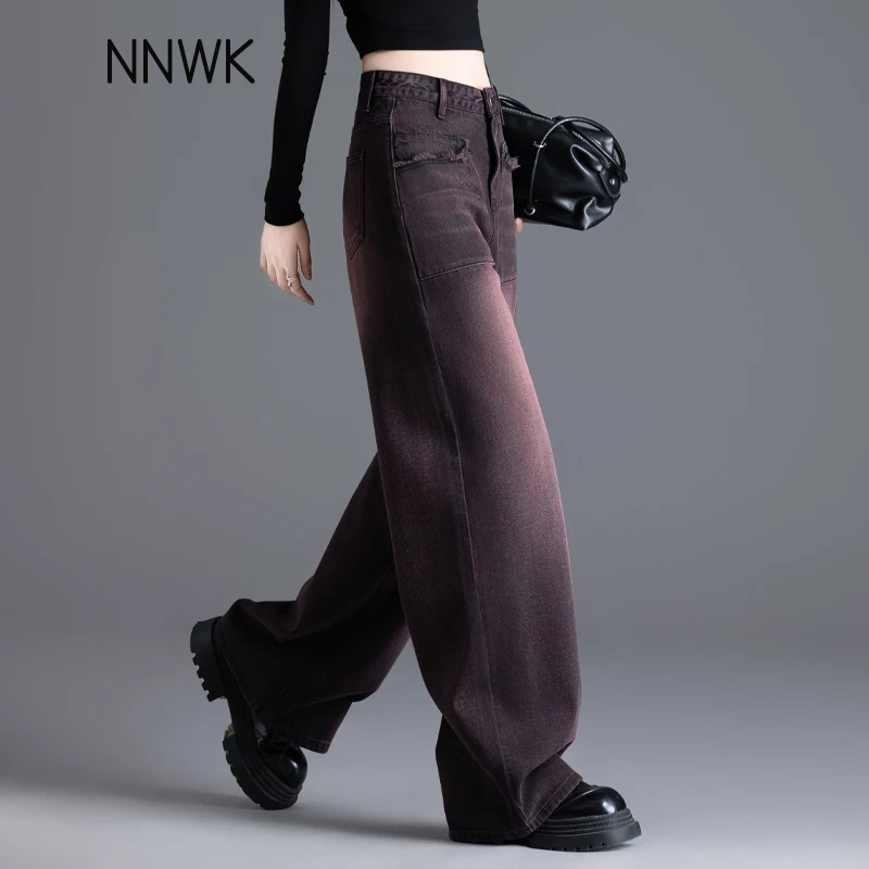 黑红色复古阔腿裤春秋季美式休闲牛仔裤女款爆款2025新款直筒长裤