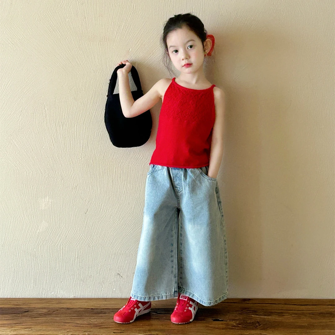 2025春夏新款 女童洋气格子衬衫+薄款针织背心+时髦牛仔裤三件套