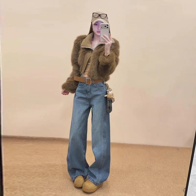 美式复古立领针织拼接环保毛外套女冬季新款宽松休闲保暖毛毛上衣