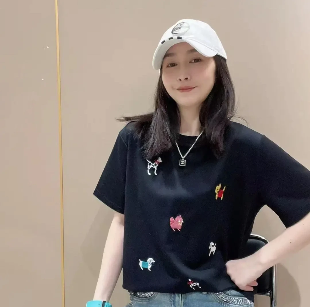 重工刺绣小狗短袖t恤女大码春夏季高级感欧货宽松休闲显瘦上衣