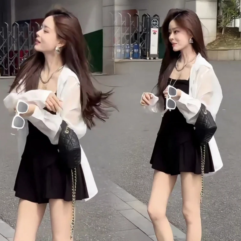 春季新款抹胸复古欧美风气质吊带裙裤慵懒风薄款外搭防晒休闲衬衫