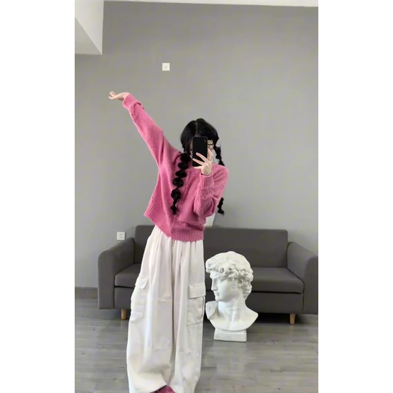 MARIE.COCO盐系少女感穿搭粉色镂空长袖针织开衫女秋季阔腿休闲裤