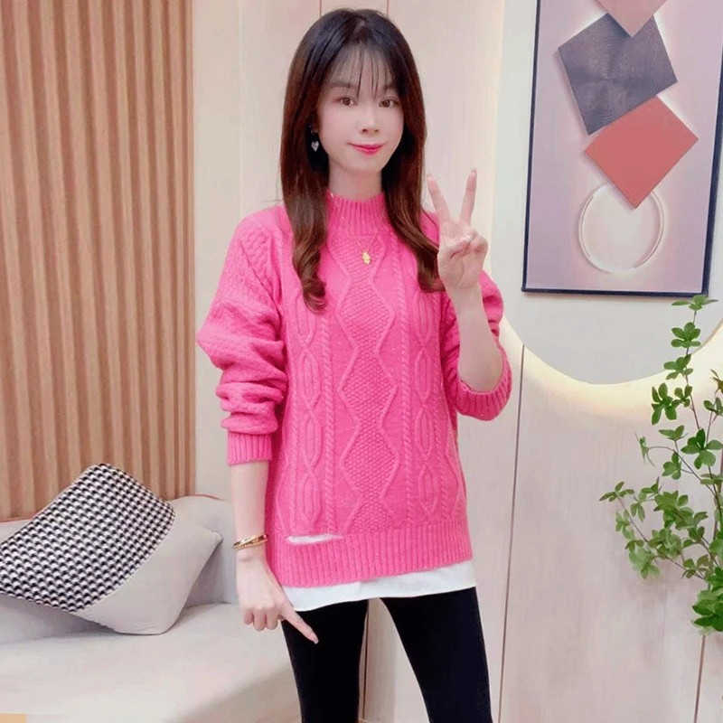 简约时尚中长款假两件毛衣女2025年冬季新款加厚保暖百搭显瘦上衣