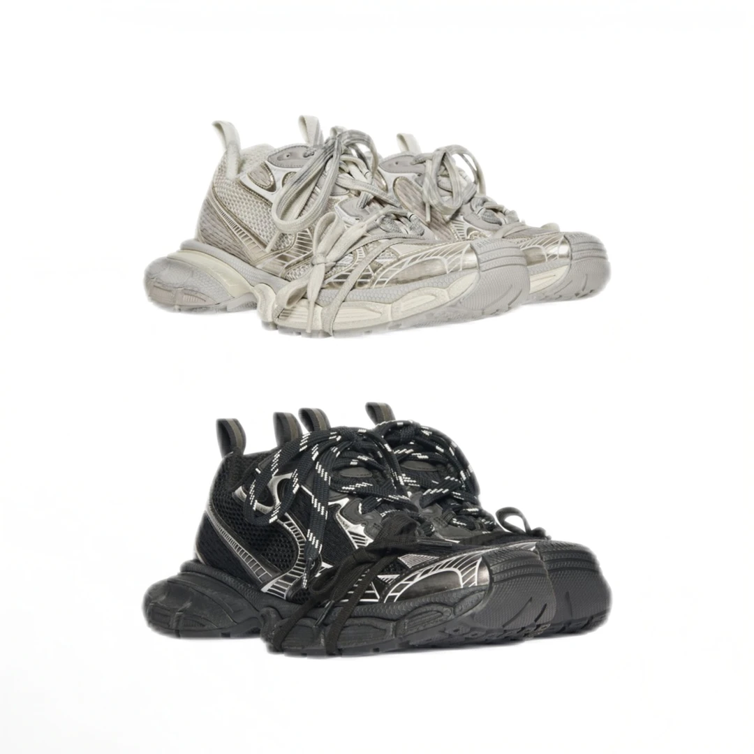 Balenciaga 3XL网布系带做旧低帮老爹鞋 浅米色 黑银色