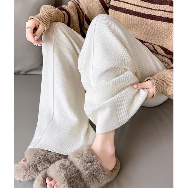 粉色软糯针织阔腿裤女秋冬加厚垂感窄版直筒裤高腰宽松显瘦休闲裤