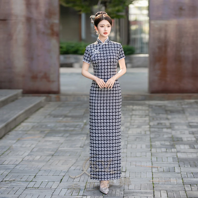 秀色梦舞斜襟极简风日常格子高开衩旗袍优雅长款经典显瘦中国时尚