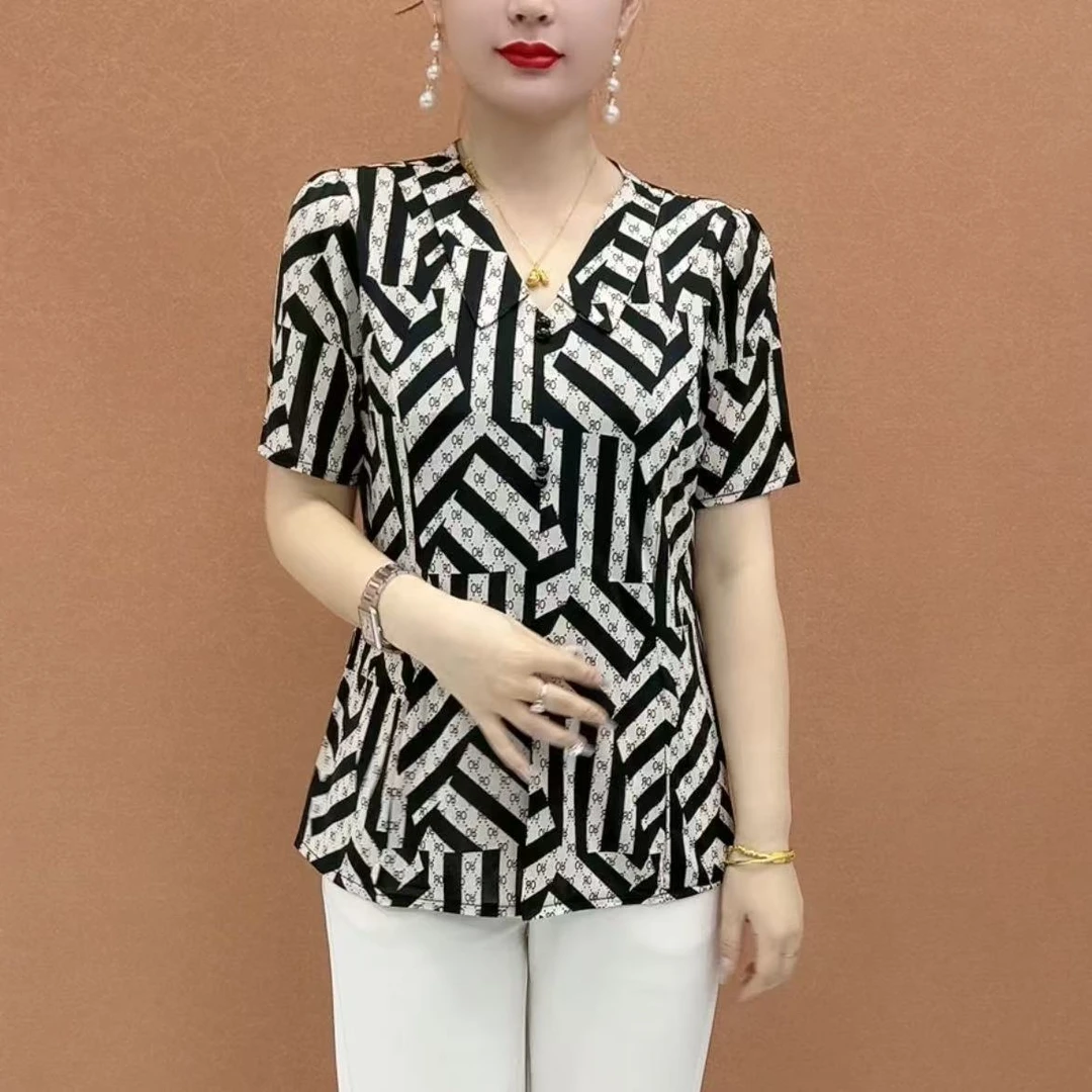 2025夏季新款娃娃领洋气显瘦百搭上衣气质遮肚印花中老年妈妈装