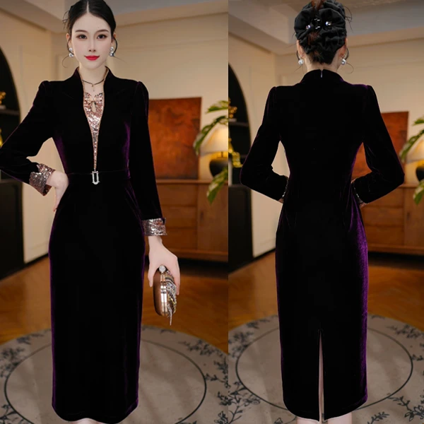 【紫韵佳人】2025秋季新款收腰显瘦洋气减龄轻奢女人味打底连衣裙