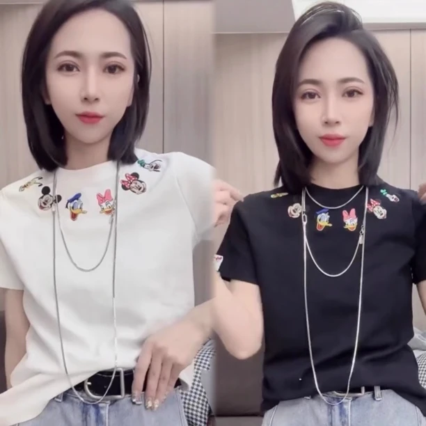 欧货2025春季新款卡通图案刺绣拼接短袖t恤女时尚洋气百搭上衣潮