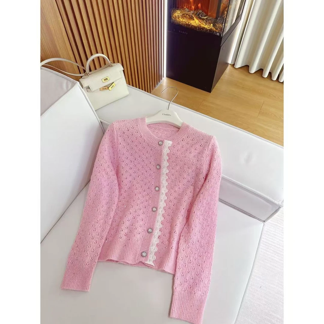 CANTIILAR “千金小香”设计感镂空蕾丝拼接亮片小香风开衫 Z251021