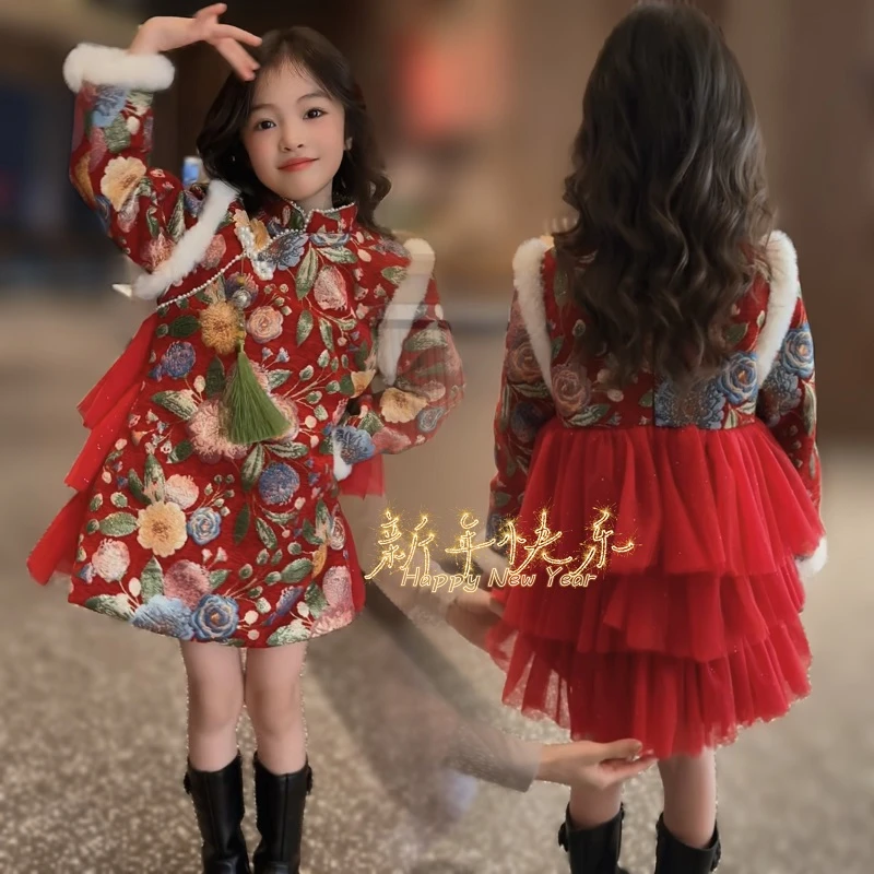 女童红色过年衣服2024新款儿童新年冬装连衣裙加绒加厚国风拜年服