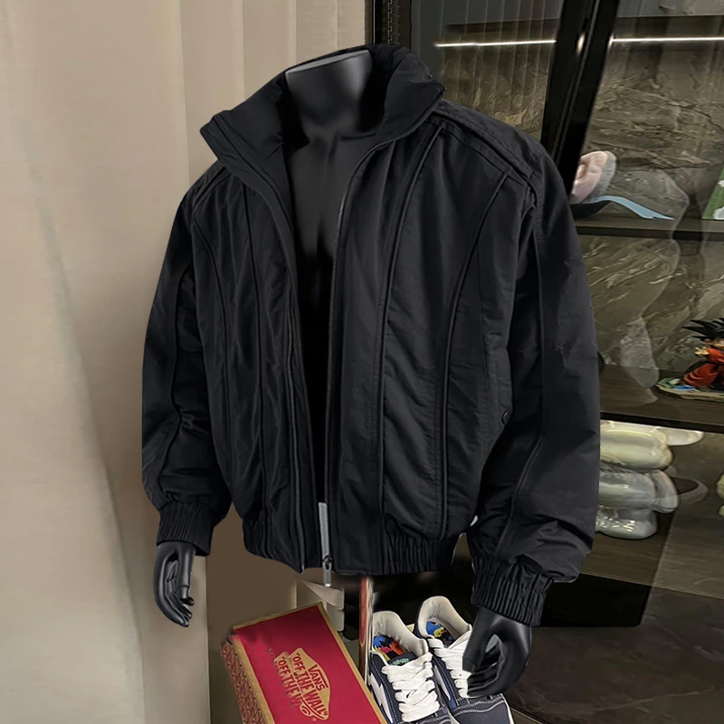 bomber纯黑色廓形短款棉服男款拼接美式飞行夹克棉袄工装棉衣外套