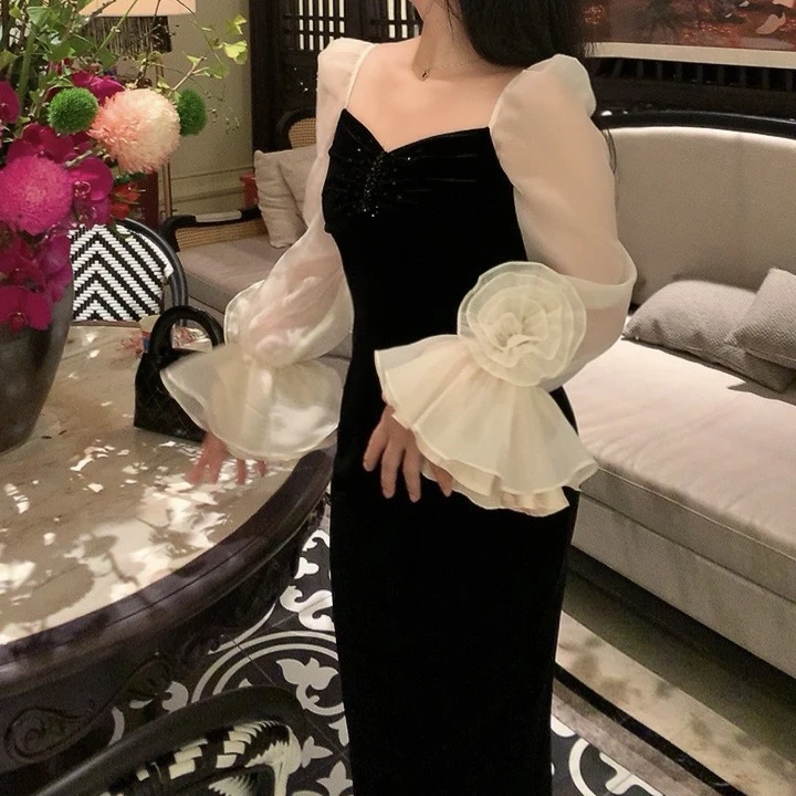 魅鹊 50751 【美人如花】高定版仙女喇叭袖修身显瘦黑金丝绒裙