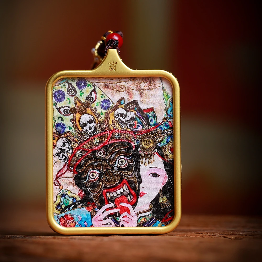 前世今生唐卡摆件钛钢合金吊锥手工编织五彩摆件彩色九华山描金