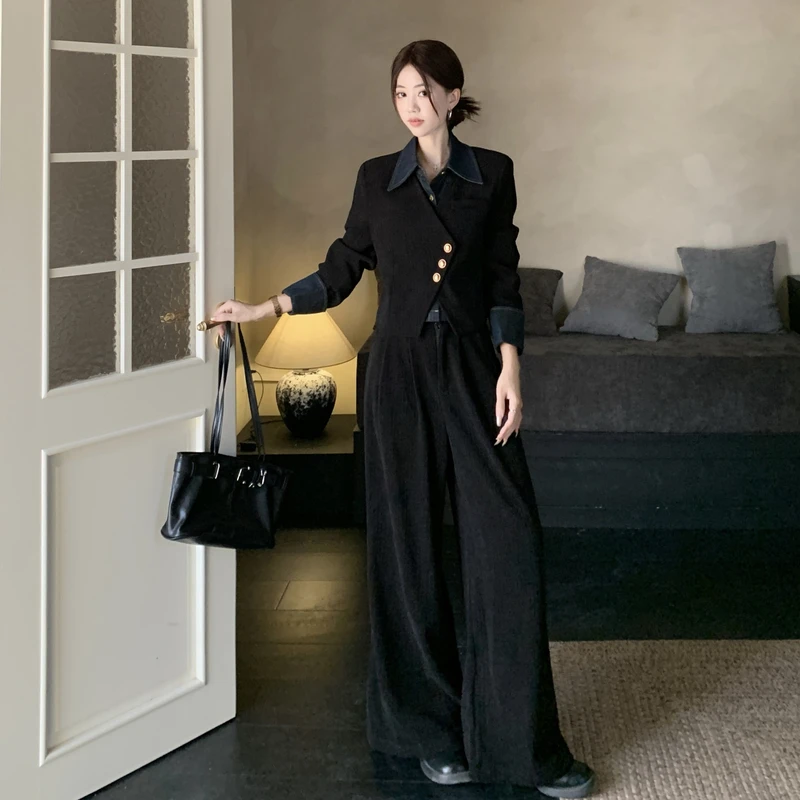 秋冬款假两件oversize套装大码女装遮肚子藏肉显瘦复古胖MM直筒裤