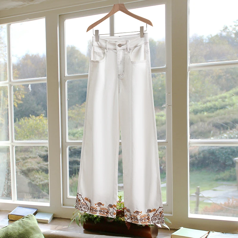 夏季薄款八九分直筒牛仔裤女绣花2025新款休闲高腰显瘦宽松裤子