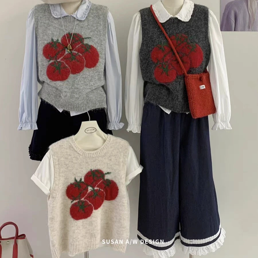 韩系番茄提花软糯套头毛衣背心女25秋季温柔减龄宽松无袖针织马甲