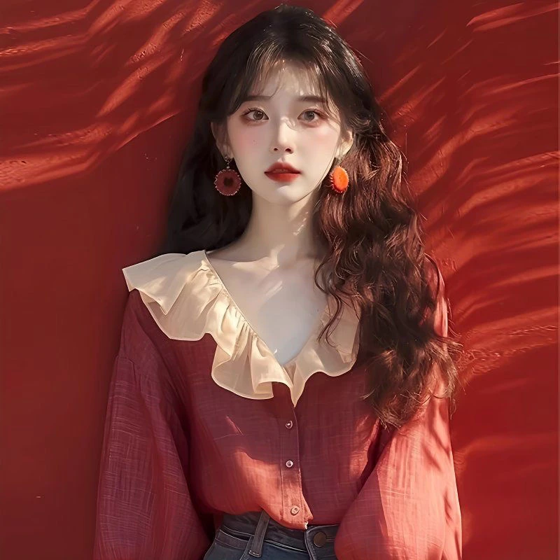 红色长袖衬衫女2025新款荷叶边V领雪纺衫高级感气质上衣
