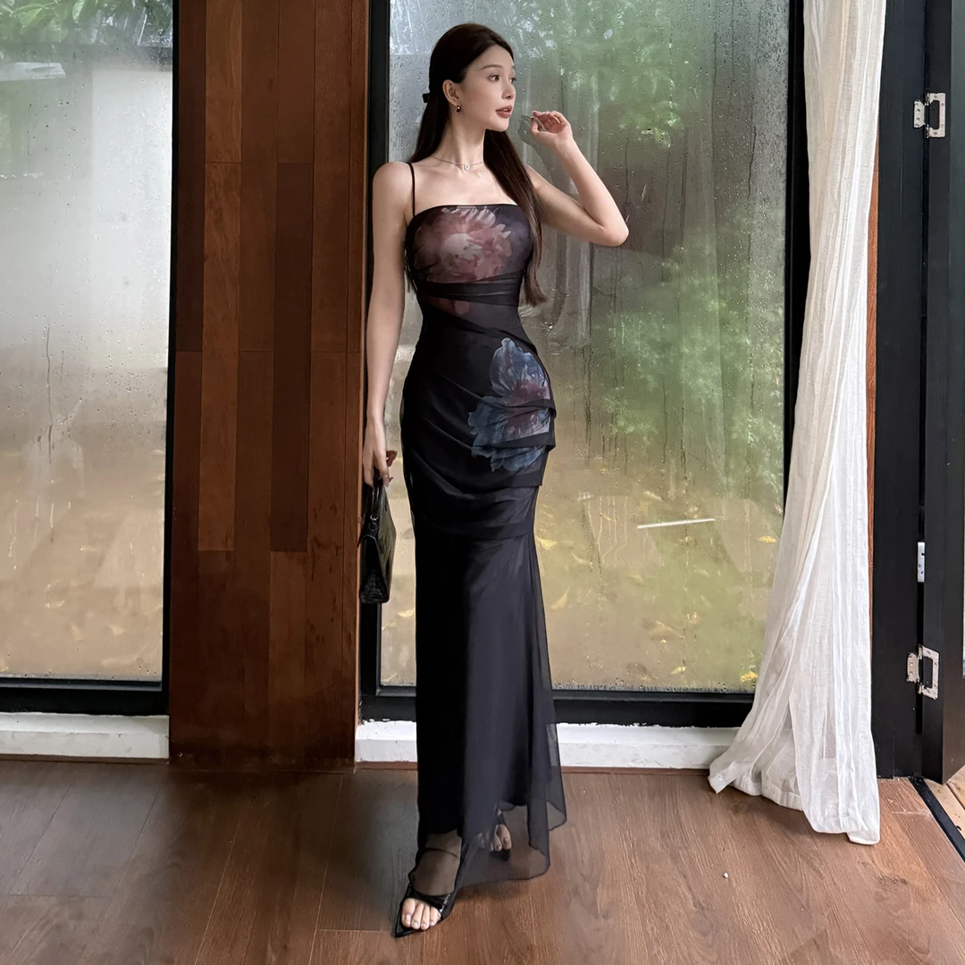 KaDaiShan 黑色网纱吊带连衣裙女夏季轻熟御姐气质鱼尾裙修身长裙