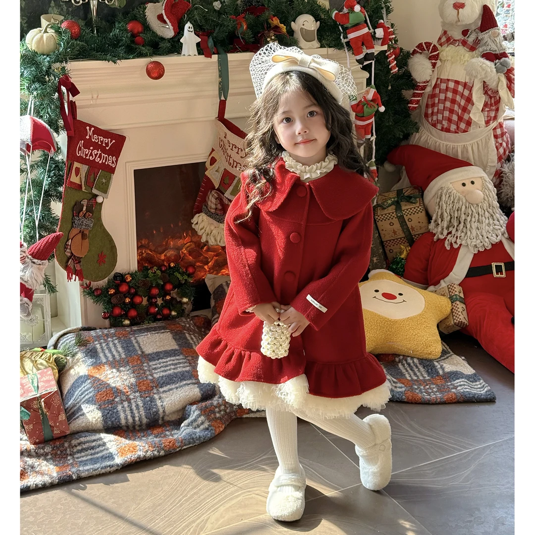 壹妈拜年服时髦洋气红色喜庆过年衣服儿童冬装娃娃领加厚中长款