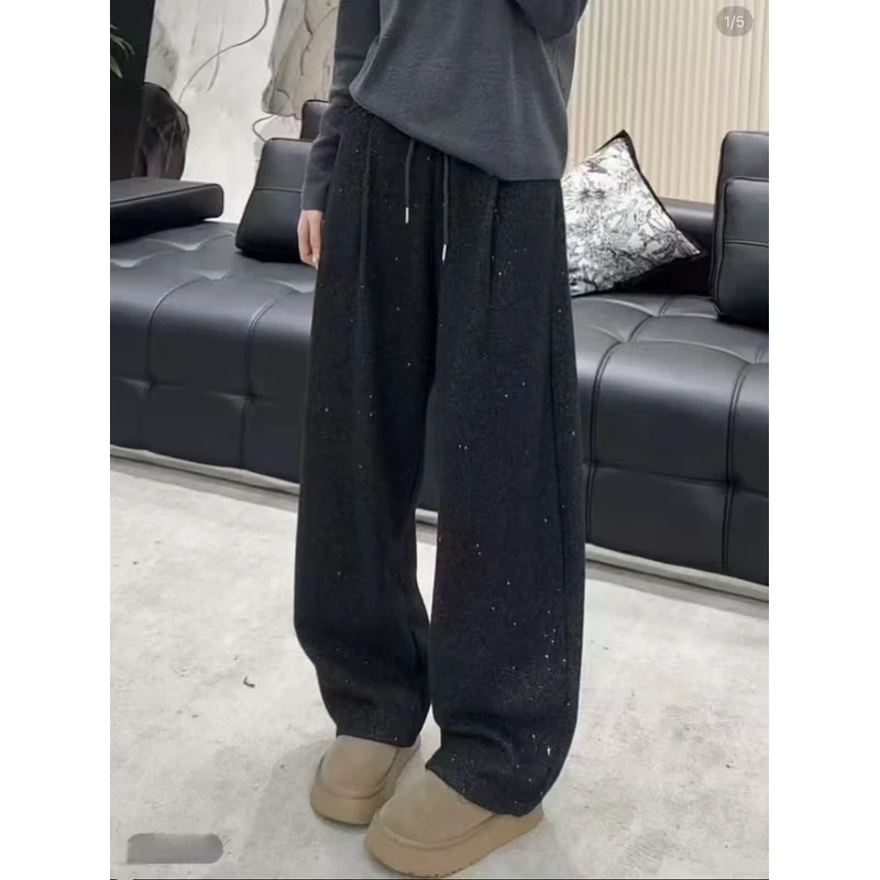 28100-AQ黑色松紧加绒亮片阔腿裤