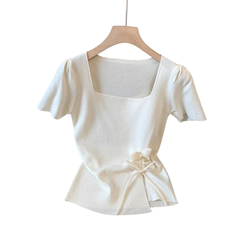 不能错过绝美！方领针织衫女立体花朵抽绳开叉不规则显瘦短袖上衣