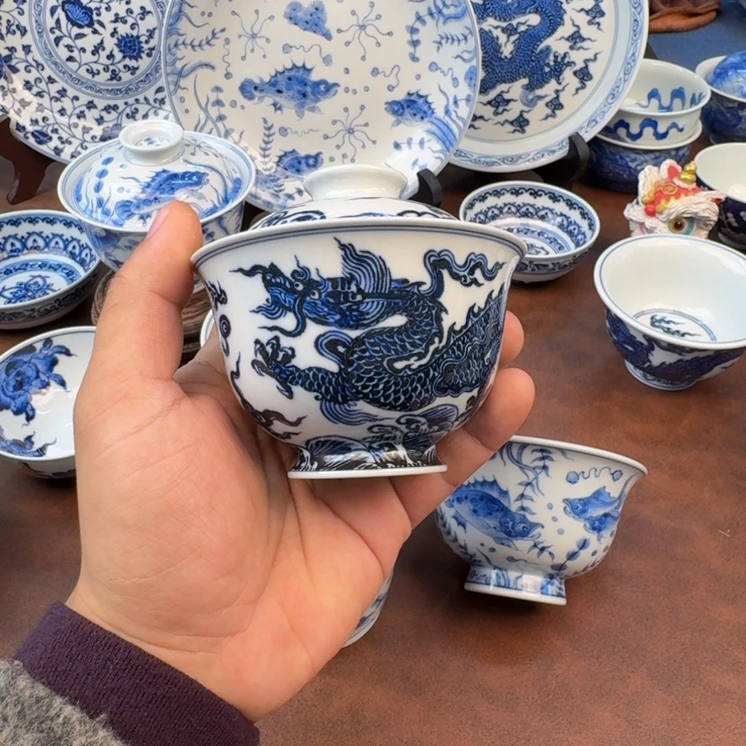 ₍***◞陶摆件完美龙盖碗手绘