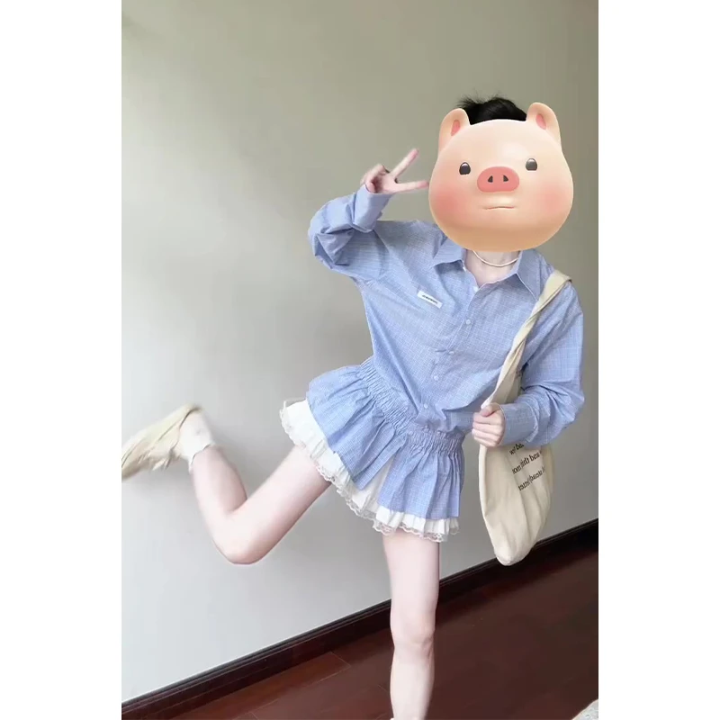 韩系夏天衣服小众褶皱收腰显瘦长袖衬衫上衣女白色半身裙短裙套装