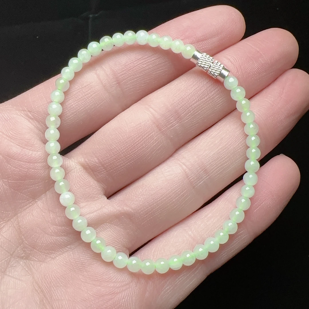 缅甸天然翡翠A货 冰种晴水绿小米圆珠手链时尚百搭女款卡4mm素圈