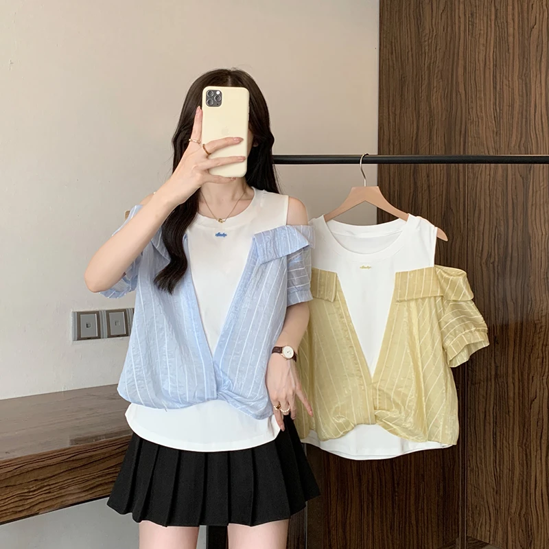 2025夏装新款胖mm大码女休闲设计感撞色拼接露肩短袖T恤22513