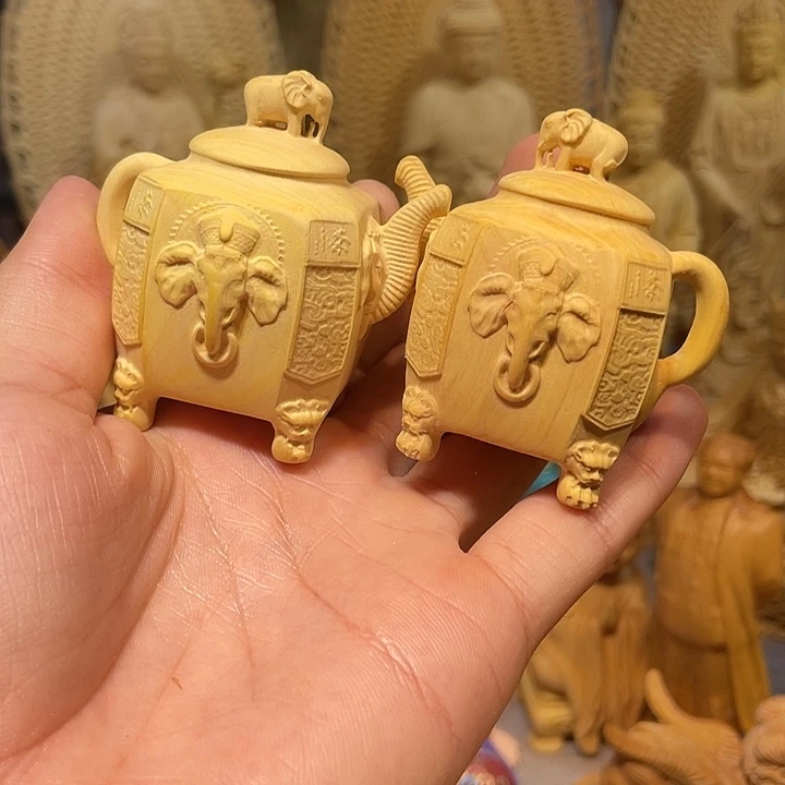 黄杨木小瑕疵大象壶一对