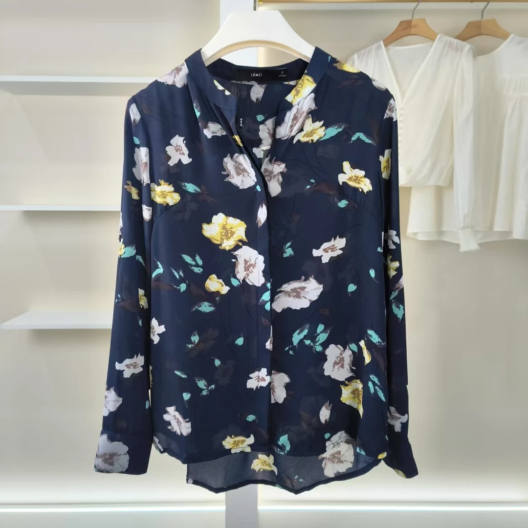 【德M】E278  女装清新印花小立领长袖衬衫藏青色S5171026015302