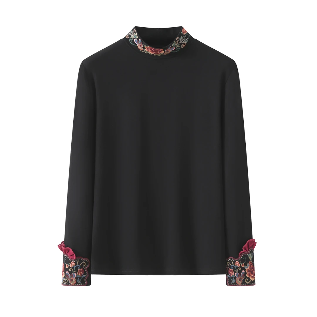 百搭秋冬T恤半高领女士常规纯色民族风长袖拼接刺绣