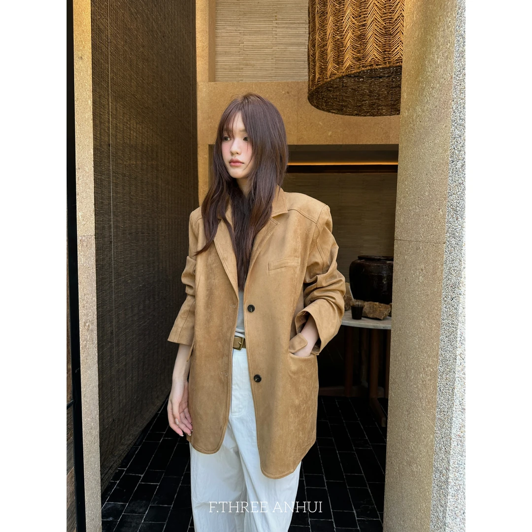 F.THREE三姐妹-秋上新复古高智感廓形麂皮绒外套西装19955