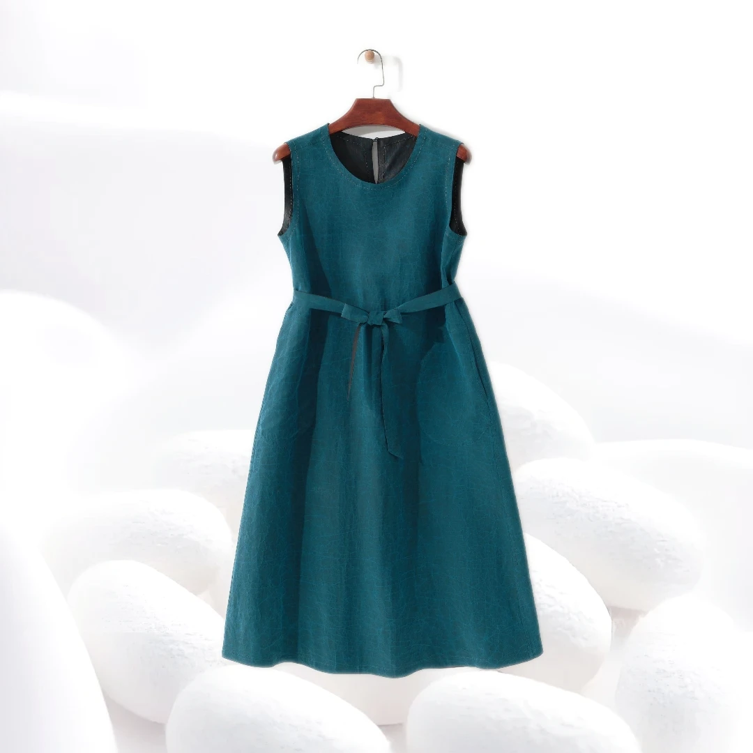 【100%桑蚕丝蓝龟两面四穿背心连衣裙】香云纱龟纹圆领无袖裙dz149