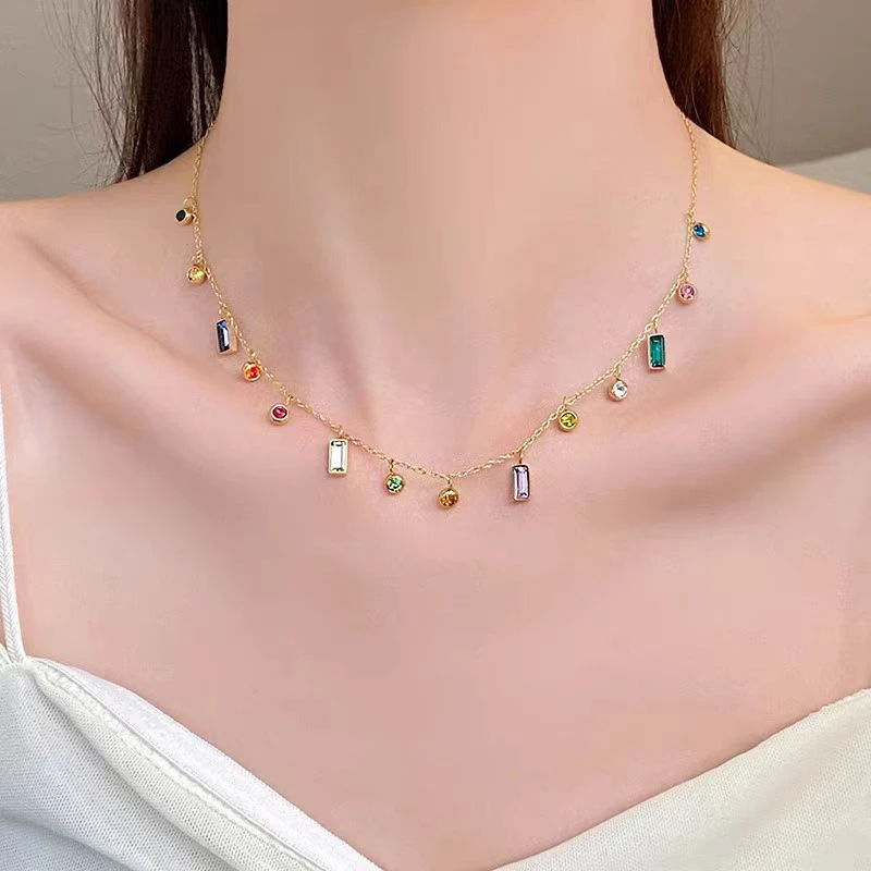 钛钢项链 彩色锆石多巴胺欧美配饰简约款个性ins女项链新款小众