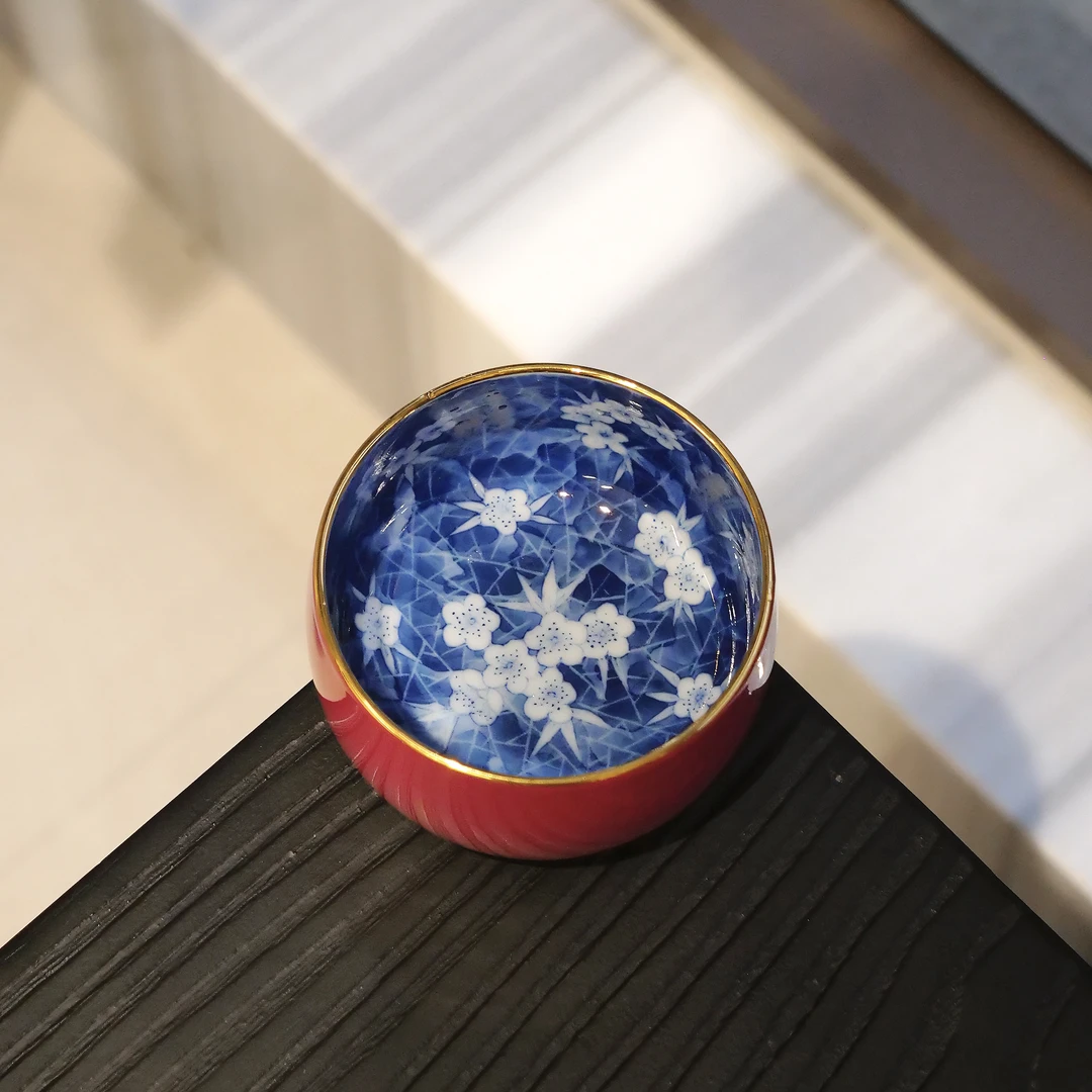 茶禾 景德镇玫瑰红内绘满工冰梅禅定杯