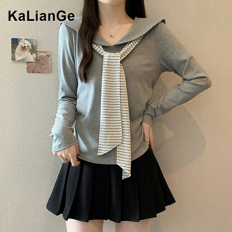 卡莲格/韩系绑带减龄气质上衣女秋季款修身显瘦海军领条纹长袖T恤