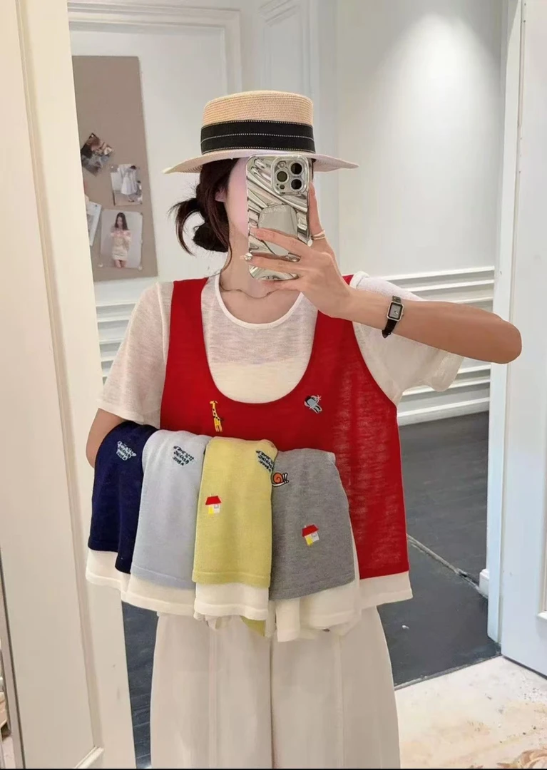 卡通图案女装假两件针织毛衣短袖百搭宽松薄款显瘦上衣打底衫