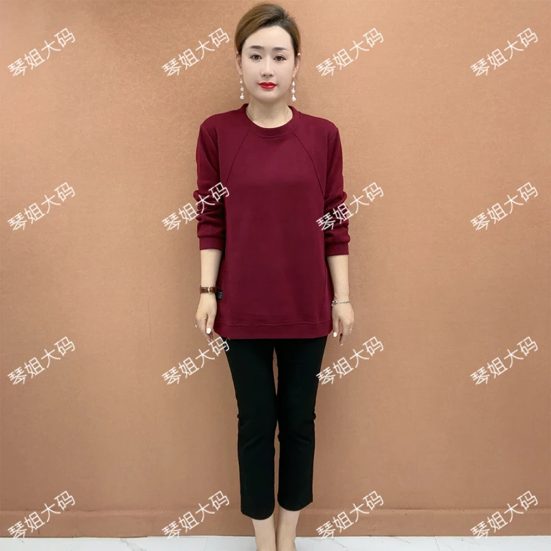 秋冬新款中老年女装休闲保暖百搭显瘦圆领款宽松卫衣妈妈装纯色XQ